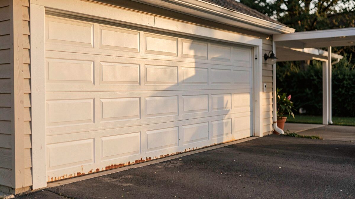 A closed sectional garage door seen from the driveway at late afternoon, its bottom section showing a line of rust along the edge, with a carport frame visible at the side of the house.