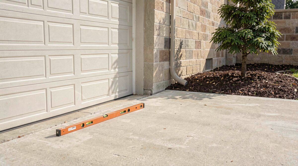 A concrete garage apron at midday, the door closed, a 4 foot level laid on the slab showing the fall away from the door, mulch bed and a small ornamental tree set back from the track on the right.