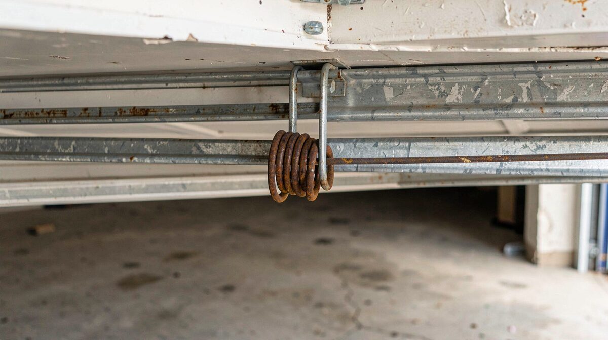 A galvanized steel torsion spring and cable drum mounted above a garage door header, lit by a bare shop light, with rust bloom visible on the cable and a concrete floor below.