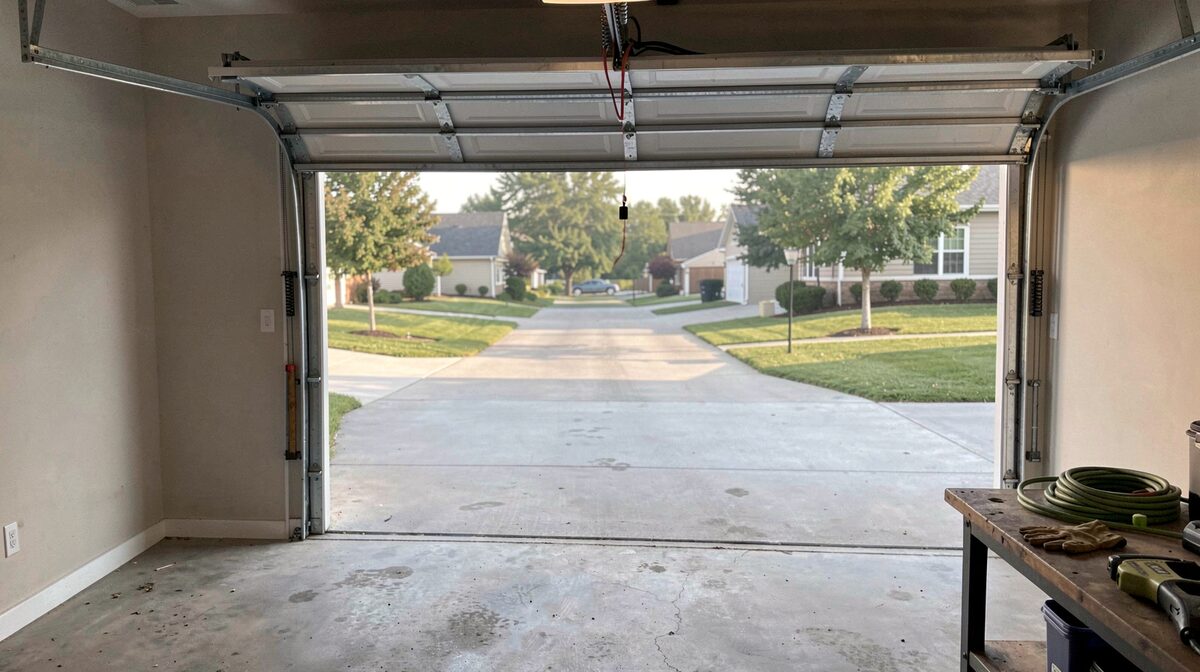 A sectional garage door seen from inside a residential garage at dawn, steel panels and galvanised track catching low daylight, a coil of torsion spring above the opening, concrete floor swept clean, no people and no signage