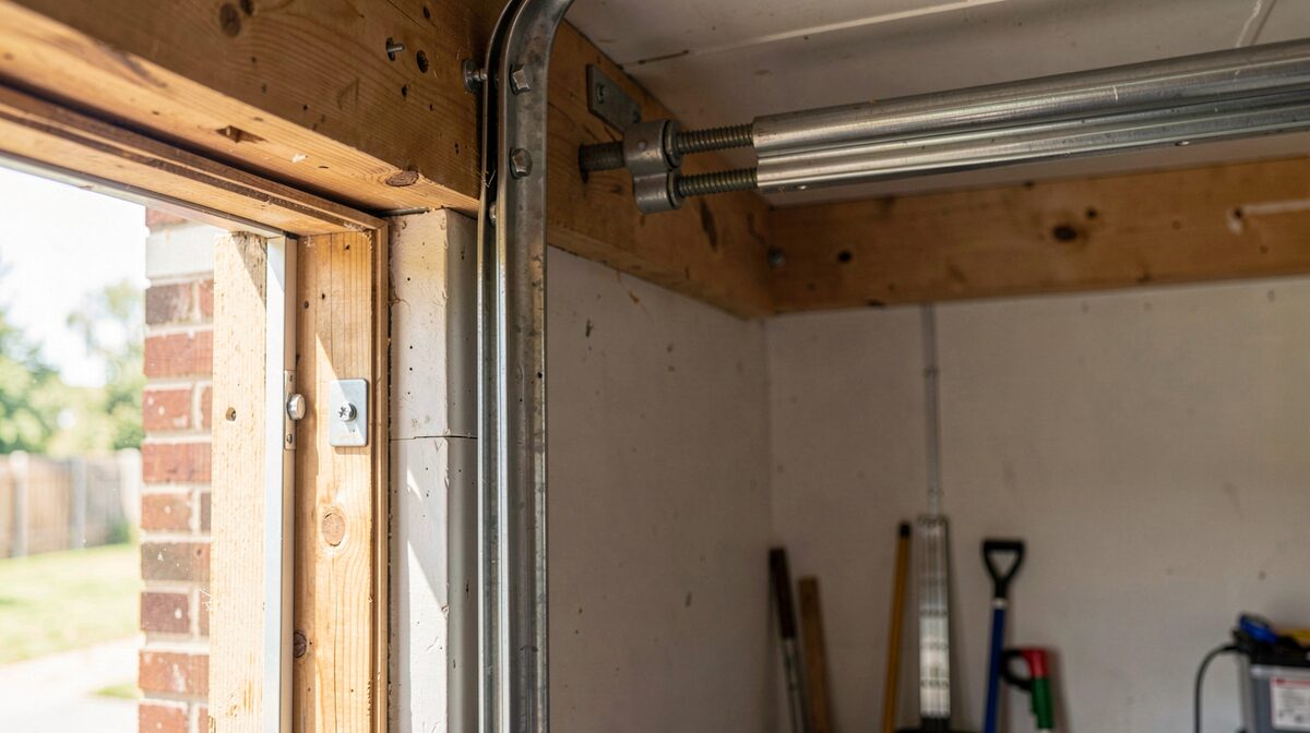 A garage interior at midday, sunlight through an open side window, showing the vertical track, a lag-screwed bracket into a wood header, and a torsion shaft above the door.